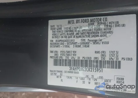 2012 Ford Fusion Sel z USA, uszkodzony, nr VIN 3FAHP0JG2CR215951
